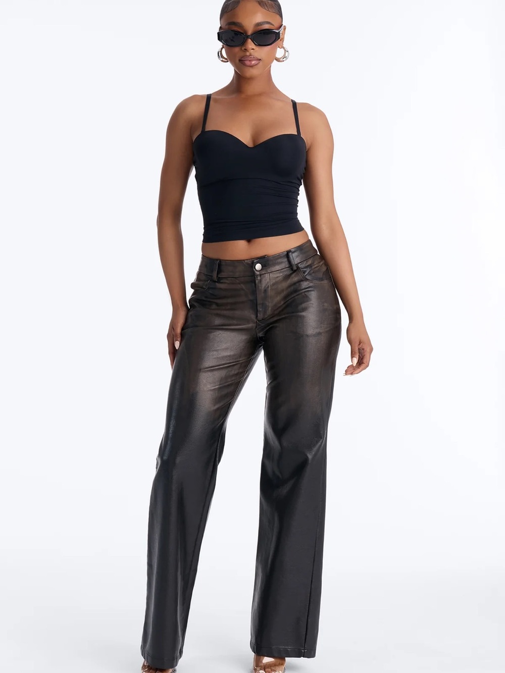 Leather-Look Low-Rise Wide Leg Pants - Black